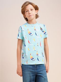 Jack & Jones Junior - Boys Blue Sailing Boats Print T-Shirt
