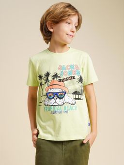 Jack & Jones Junior - Boys Green Printed Cotton T-Shirt
