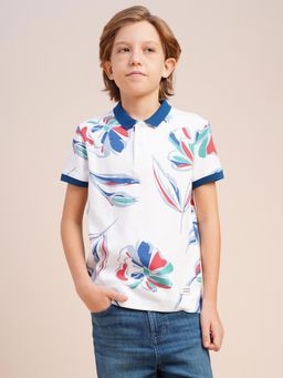 Jack & Jones Junior - Boys White Printed Cotton Polo T-Shirt