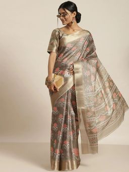 Odette - Women Olive Silk Blend Printed Saree with Unstitched Blouse