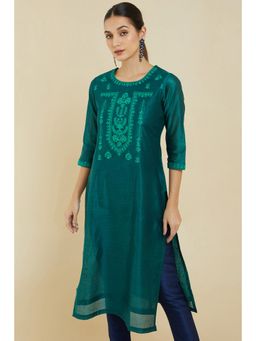 Soch - Women Teal Chanderi Embroidered Kurta