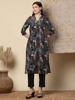 FASHOR - Women Multi-Color Viscose Rayon V-Neck Kurta