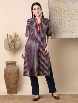 FASHOR - Women Navy Blue Cotton Mandarin Neck Kurta