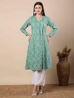 FASHOR - Women Green Cotton V-Neck Kurta