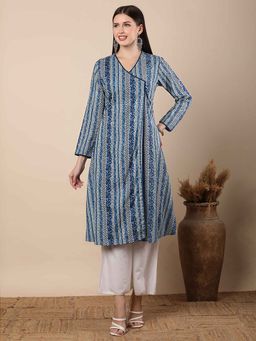 FASHOR - Women Blue Cotton V-Neck Kurta