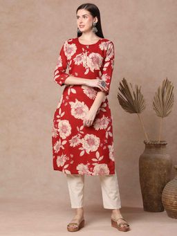 FASHOR - Women Red Cotton Round Neck Kurta