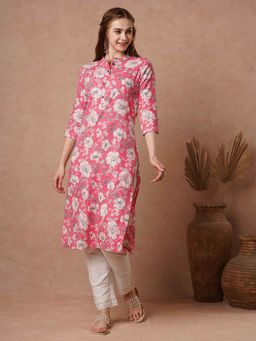 FASHOR - Women Pink Cotton Mandarin Neck Kurta