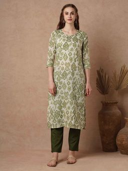 FASHOR - Women Green Cotton Round Neck Kurta