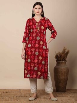 FASHOR - Women Maroon Cotton V-Neck Kurta