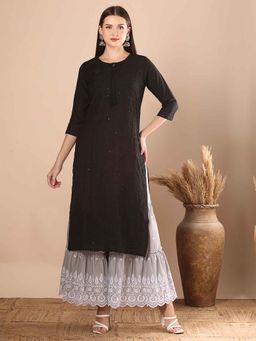 FASHOR - Women Black Viscose Rayon Round Neck Kurta