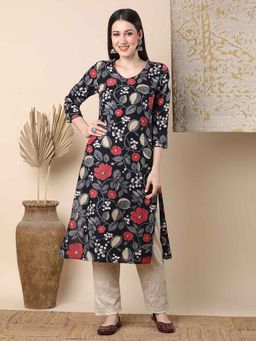 FASHOR - Women Navy Blue Cotton V-Neck Kurta