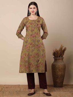 FASHOR - Women Mustard Cotton Round Neck Kurta