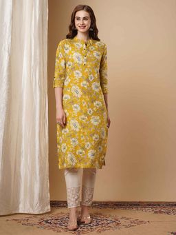 FASHOR - Women Yellow Cotton Mandarin Neck Kurta