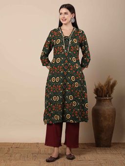 FASHOR - Women Green Viscose Rayon V-Neck Kurta