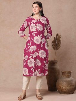 FASHOR - Women Pink Cotton Round Neck Kurta