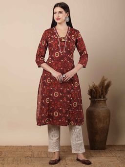 FASHOR - Women Maroon Cotton V-Neck Kurta