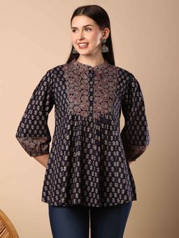 FASHOR - Women Black Cotton Mandarin Neck Kurti