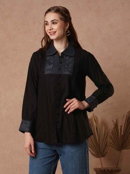 FASHOR - Women Black Viscose Rayon Collar Neck Kurti