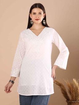 FASHOR - Women White Cotton V-Neck Kurti