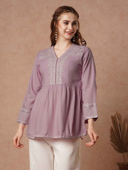 FASHOR - Women Pink Viscose Rayon V-Neck Kurti