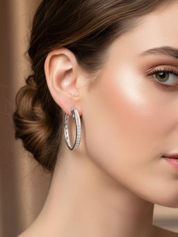 925 SILLER - White Sterling Silver White Stones Hoops Earring