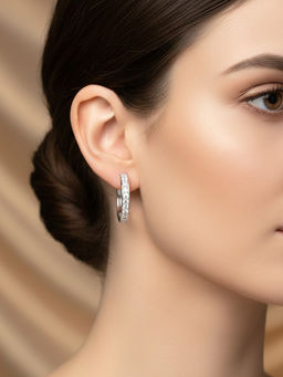 925 SILLER - White Sterling Silver White Stones Hoops Earring