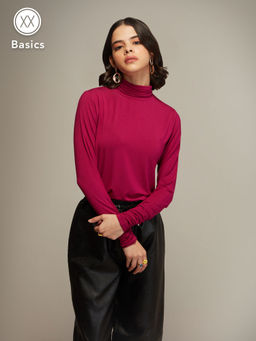 Twenty Dresses by Nykaa Fashion - Basics Magenta Solid High Neck T-shirt