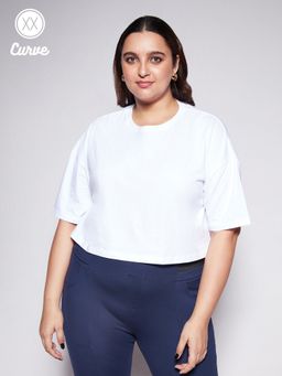 Twenty Dresses by Nykaa Fashion - Curve White Solid Round Neck Loose Basics Crop T-shirt