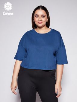 Twenty Dresses by Nykaa Fashion - Curve Navy Blue Solid Round Neck Loose Basics Crop T-shirt