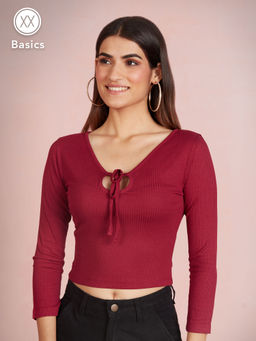 Twenty Dresses by Nykaa Fashion - Basics Burgundy Solid Ribbed Tie Up Crop Tshirt