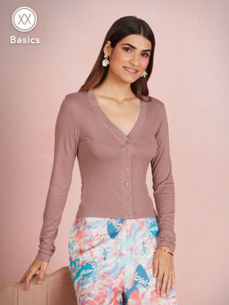 Twenty Dresses by Nykaa Fashion - Basics Taupe Solid Ribbed Full Sleeves Tshirt