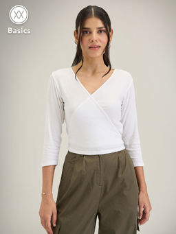 Twenty Dresses by Nykaa Fashion - Basics White Solid Ribbed V Neck Crop Tshirt