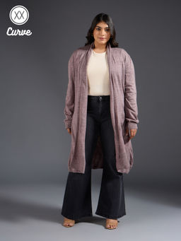 Twenty Dresses by Nykaa Fashion - Curve Grey Solid Open Front Longline Cardigan