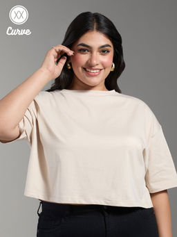 Twenty Dresses by Nykaa Fashion - Curve Beige Solid Oversized Crew Neck Basics Crop T-Shirt
