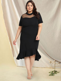 Martini - Black Plus Size Net Yoke Bodycon Curve Dress
