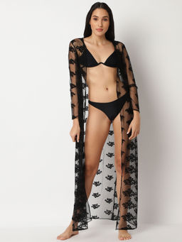 Missguided - Premium Black Applique Lace Beach Cover Up Kimono