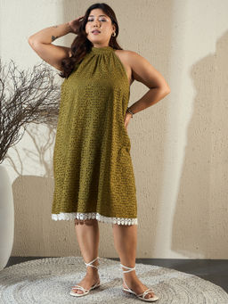 KASSUALLY - CURVE BY KASSUALLY Summer Charm Olive Halter Neck Chiffli Dress