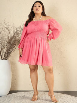 KASSUALLY - CURVE BY KASSUALLY Pink Elegant Off-Shoulder Dobby Georgette Dress