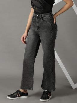 SHOWOFFFF - Women's Stretchable Clean Look Grey Wide Leg Jeans