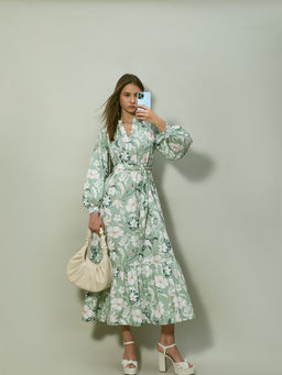 VERO MODA - Women Green Floral Cotton Maxi Dress with Belt (Set of 2)