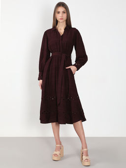 VERO MODA - Women Maroon Cut-Work Shirt Midi Dress with Belt (Set of 2)
