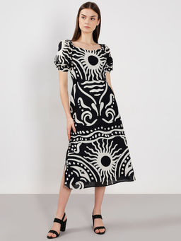 VERO MODA - Women Black and White Printed Midi Dress