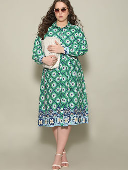 VERO MODA - Women Curve Green Printed Shirt Midi Dress with Belt (Set of 2)