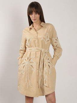 VERO MODA - Women Beige Embroidered Print Shirt Mini Dress with Belt (Set of 2)