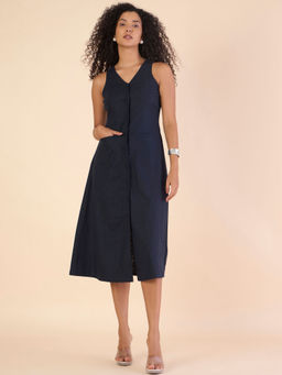 Powersutra - Women Tailored Halter Cotton-Linen Buttoned Stretchable A-Line Navy Blue Midi Dress