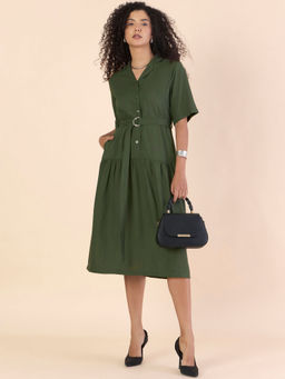 Powersutra - Olive Viscose-Linen Relaxed Tiered Midi Dress with Belt (Set of 2)