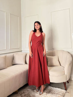 SAJILO - Women Rust Victoria Halter Maxi Dress