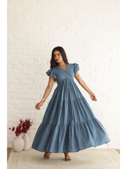 SAJILO - Women Blue Seabeach Cotton Tiered Maxi Dress