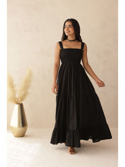 SAJILO - Women Black Tiara Cotton Tiered Maxi Dress