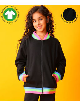 ANTHRILO - Pink Neon Rib Zipper Girls Fleece Jacket - Black